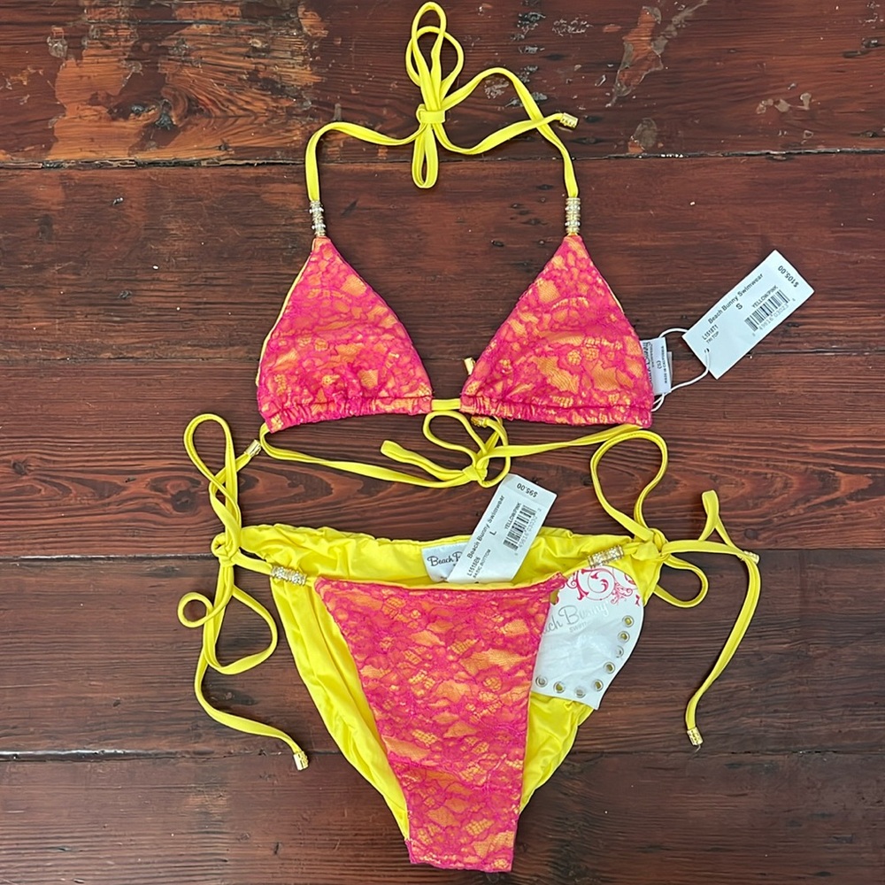 Beach Bunny Yellow & Pink Lace Bikini with Gold and Crystal Beading